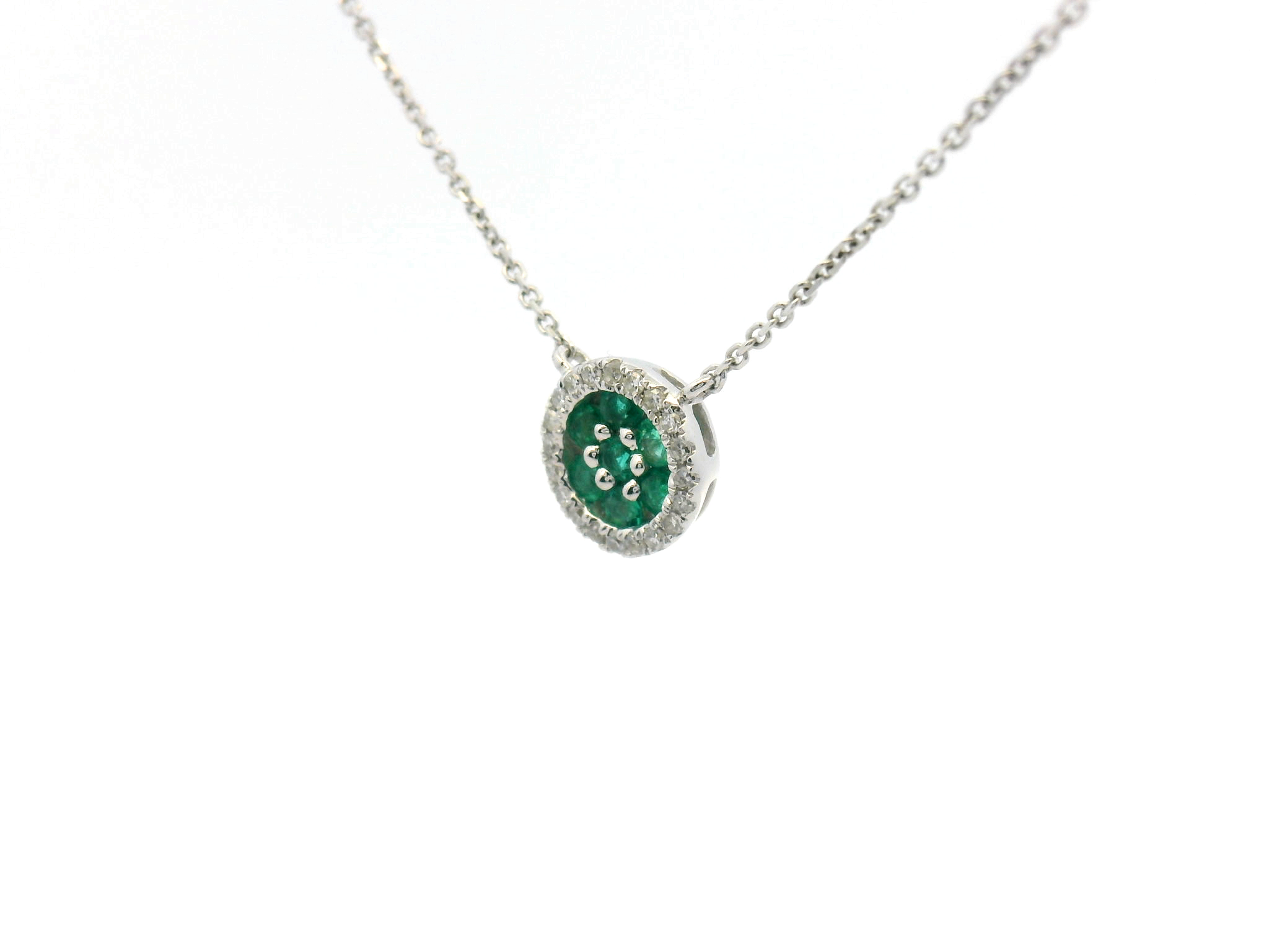 Emerald Cluster Diamond Halo Stationary Pendant Necklace