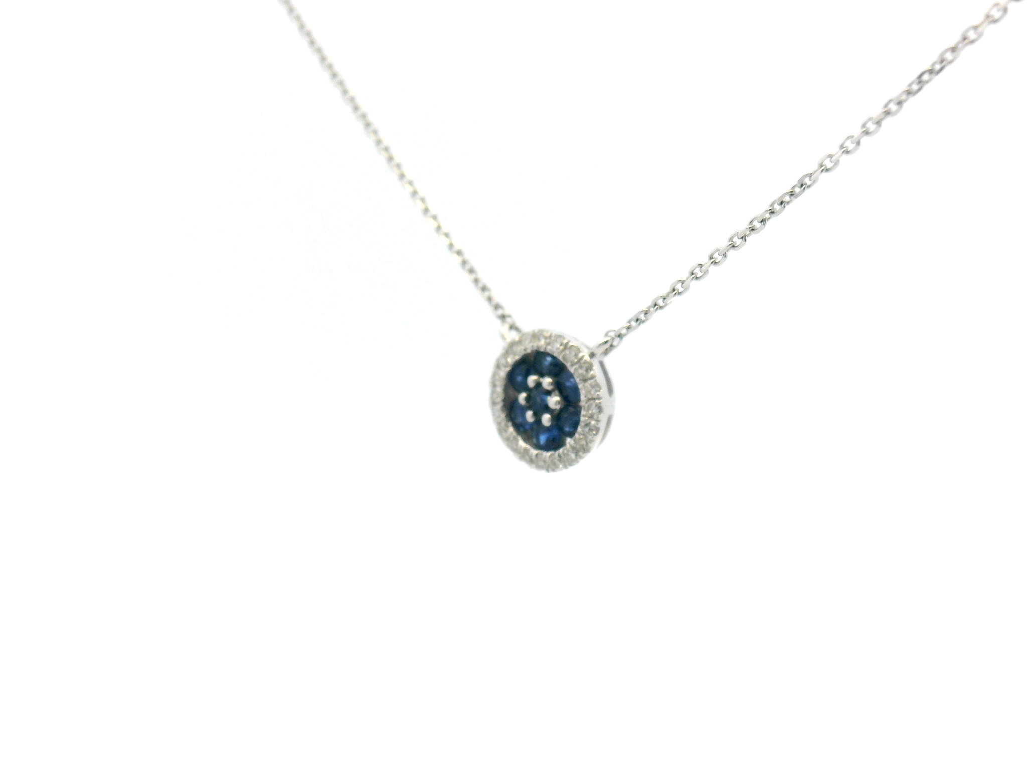 Blue Sapphire Cluster Diamond Halo Stationary Pendant Necklace