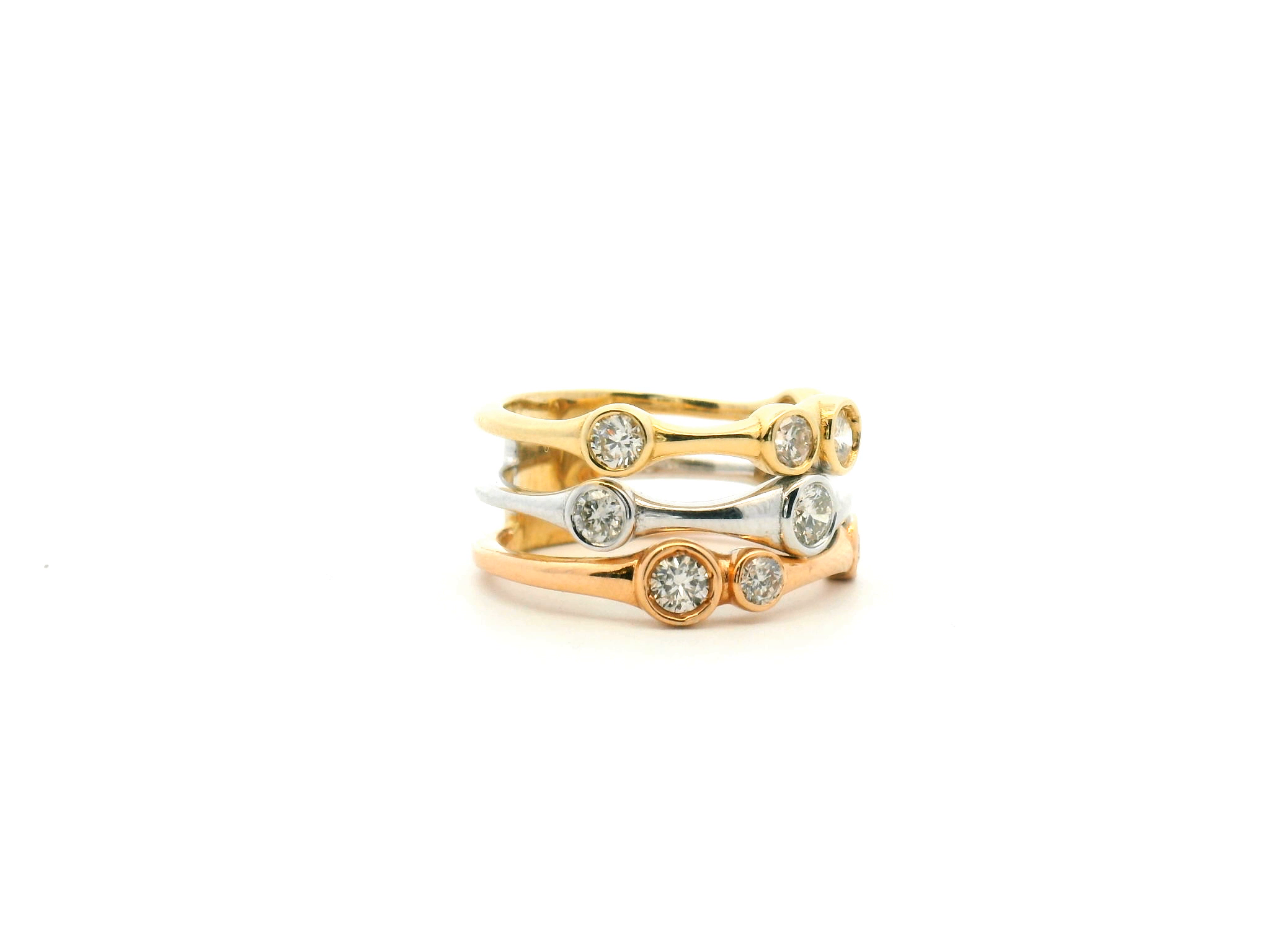Bezel Set Tri-Gold Three Row Fashion Ring