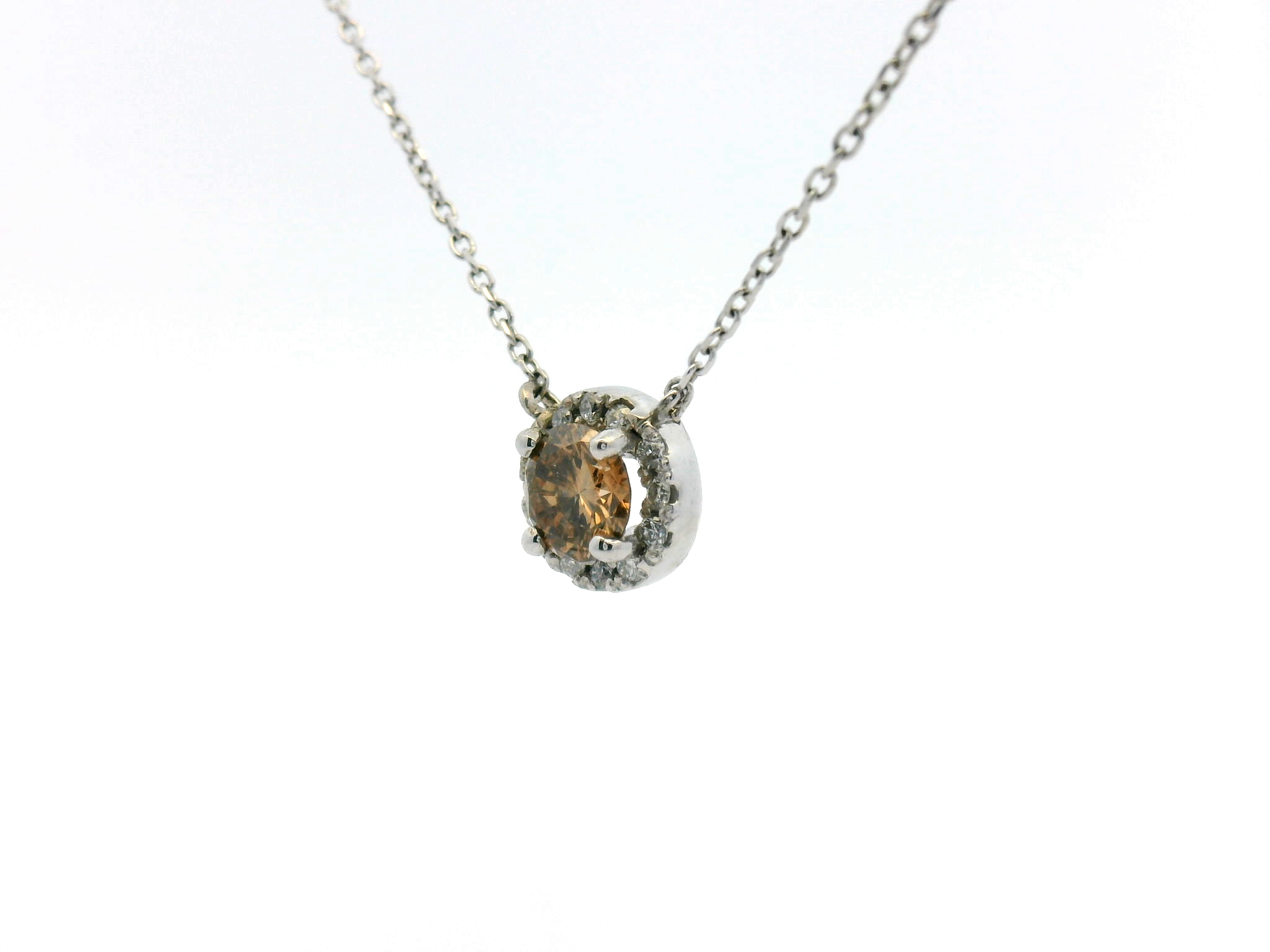 Cognac Diamond Halo Stationary Pendant Necklace