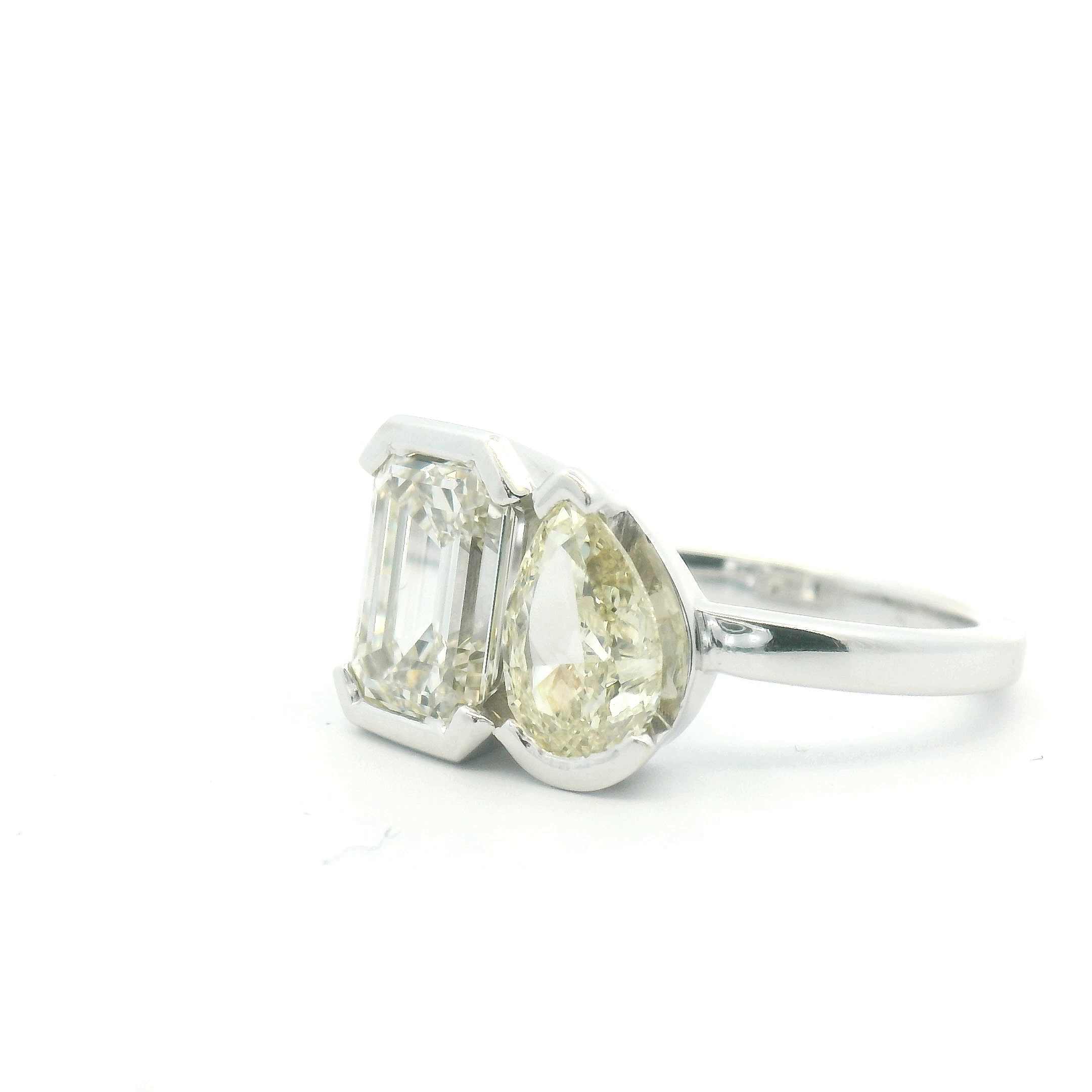 Emerald Cut & Yellow Pear Diamond Half Bezel Two-Stone Engagement Ring