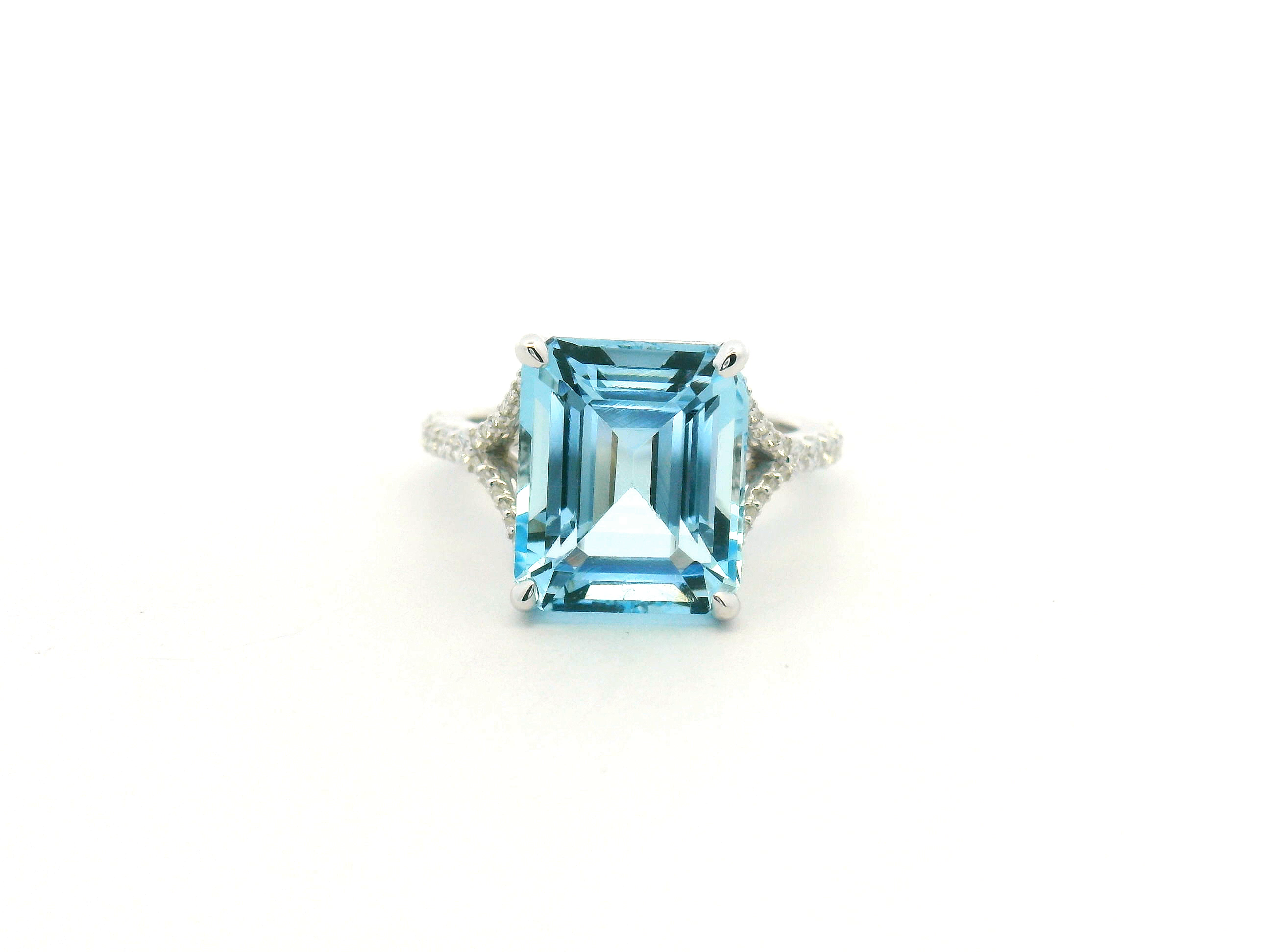 Emerald Cut Aquamarine Diamond Split Shank Ring