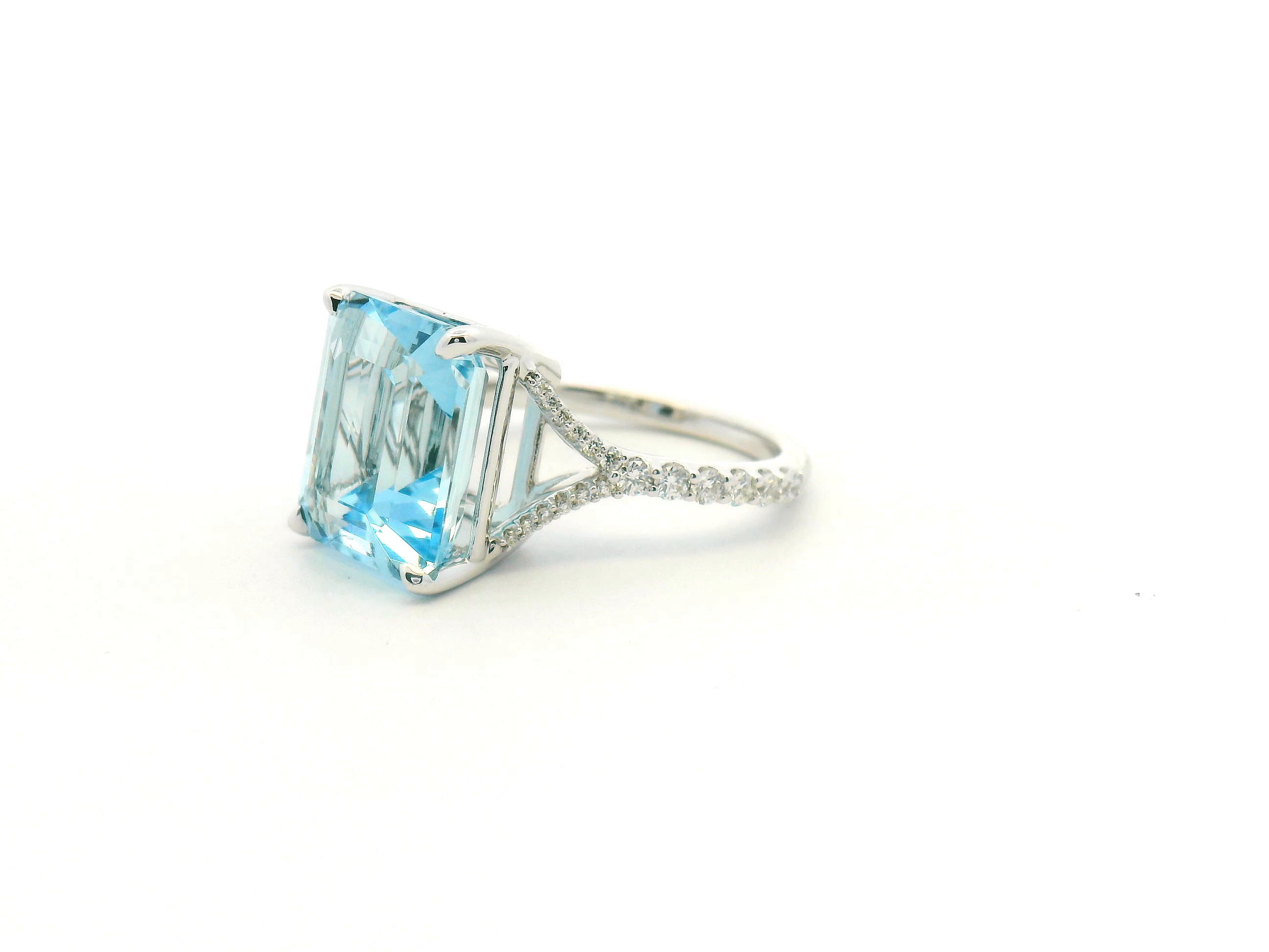 Emerald Cut Aquamarine Diamond Split Shank Ring