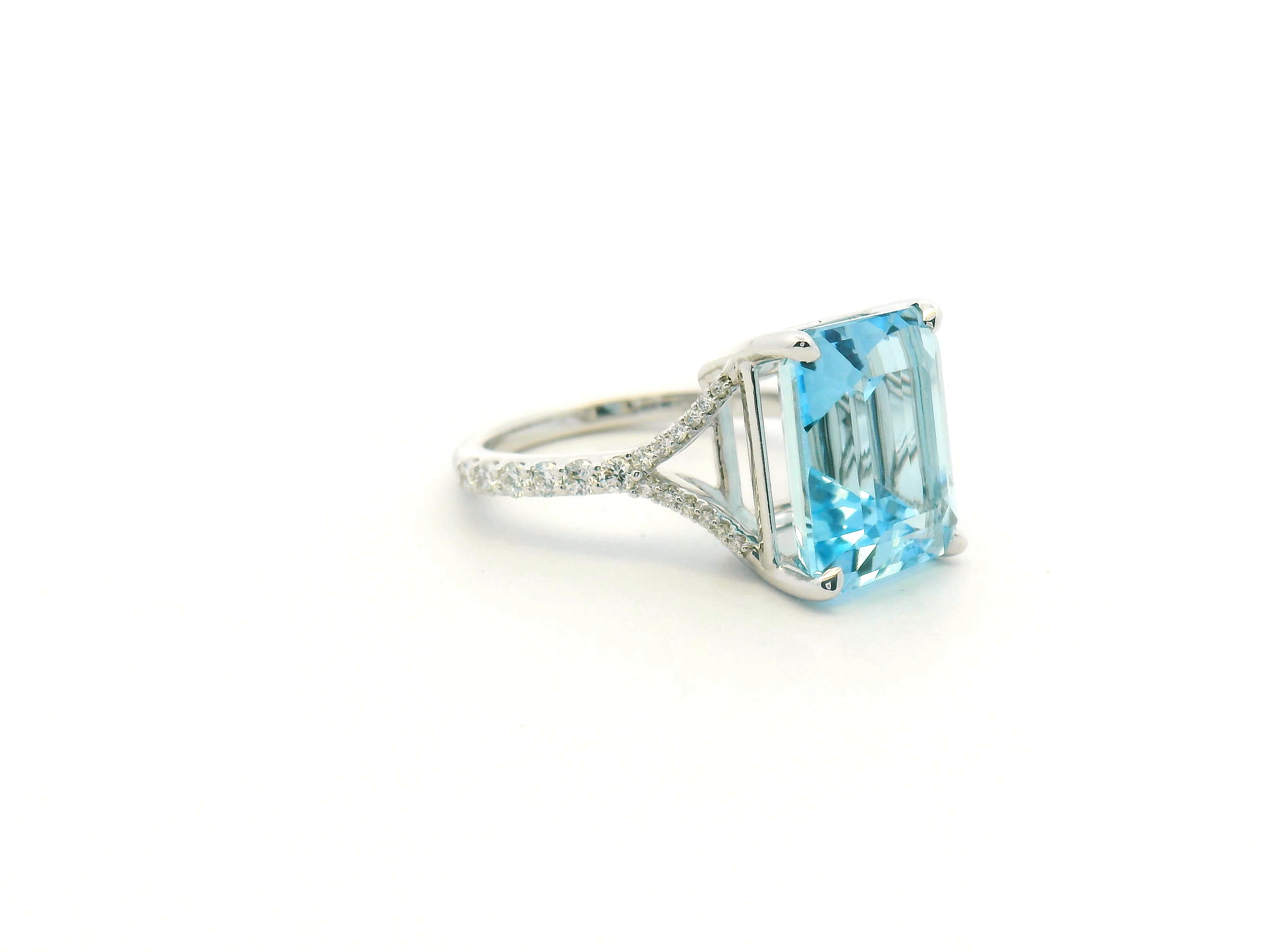 Emerald Cut Aquamarine Diamond Split Shank Ring