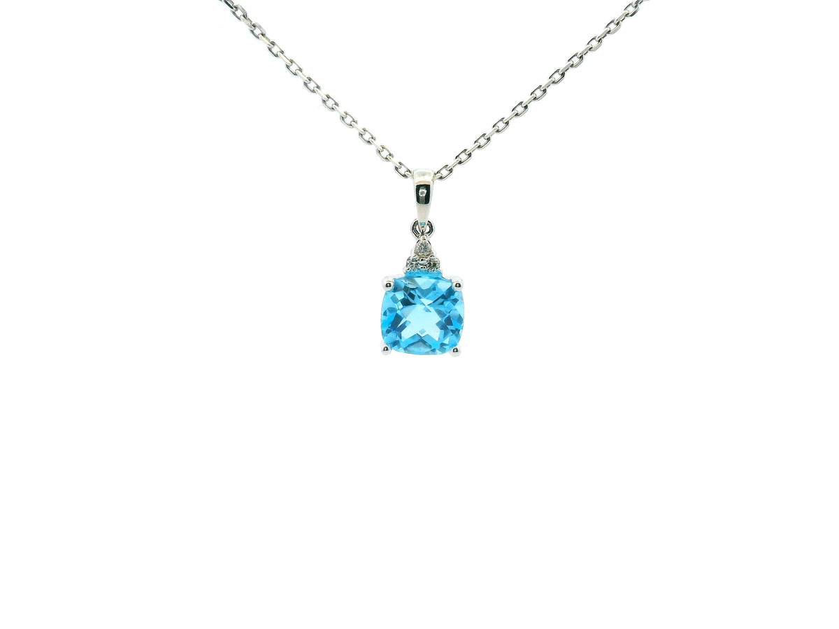White Gold Cushion Cut Blue Topaz and Diamond Accent Pendant Necklace