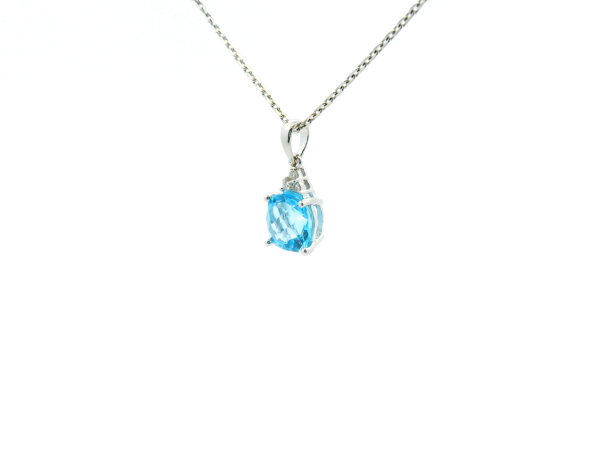 White Gold Cushion Cut Blue Topaz and Diamond Accent Pendant Necklace