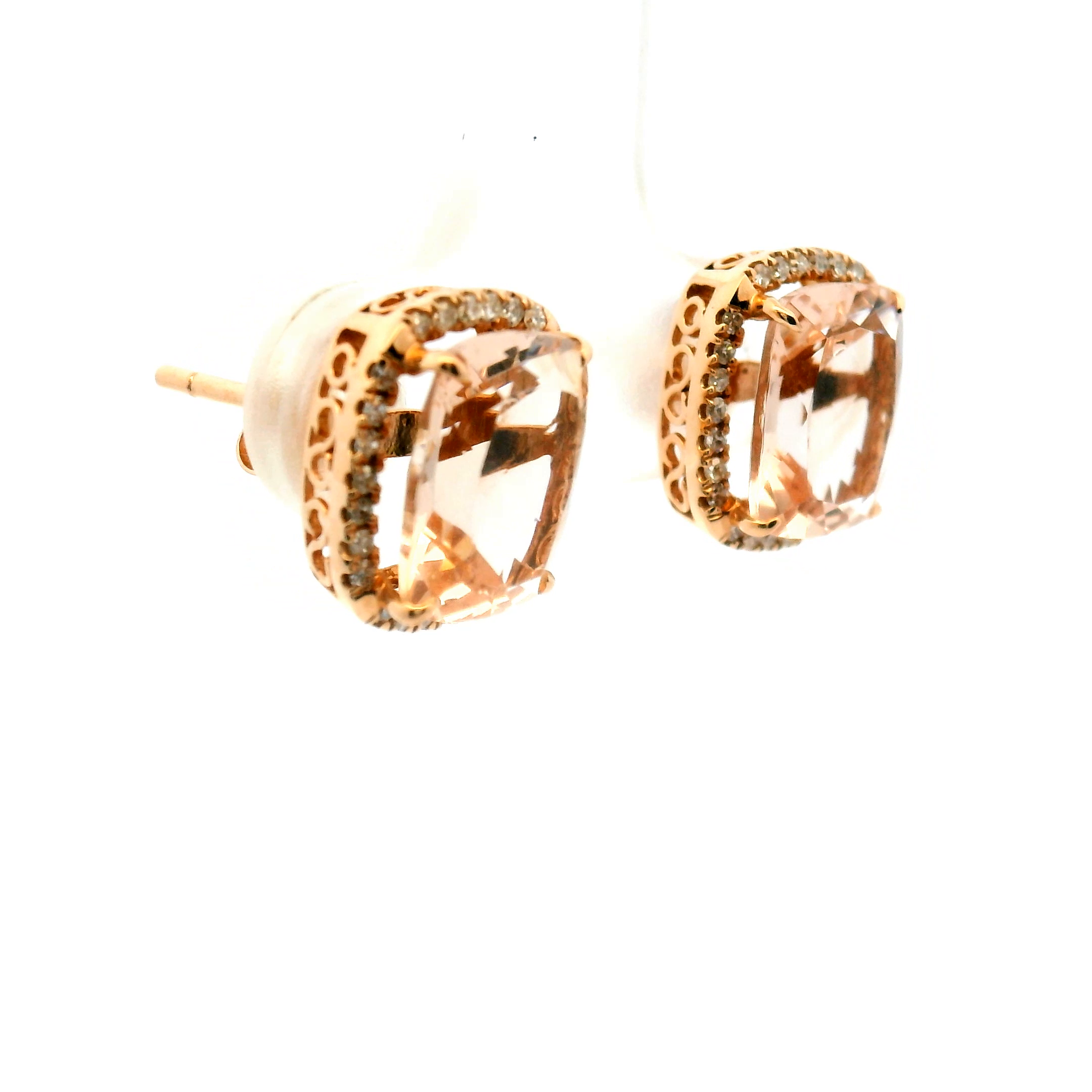 Cushion Morganite and Diamond Halo Stud Earrings