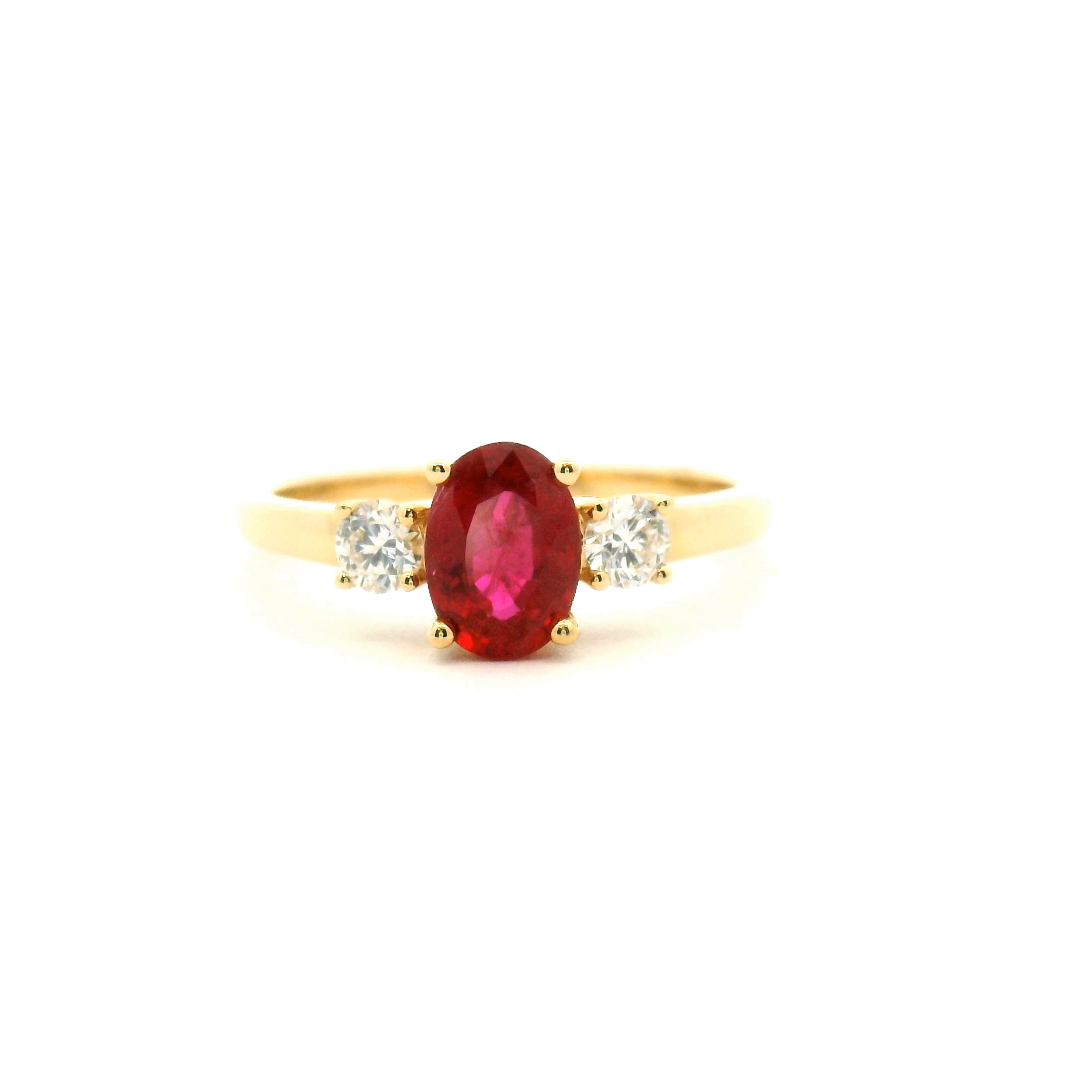 Oval Ruby Three Stone Ring with Diamond Accents