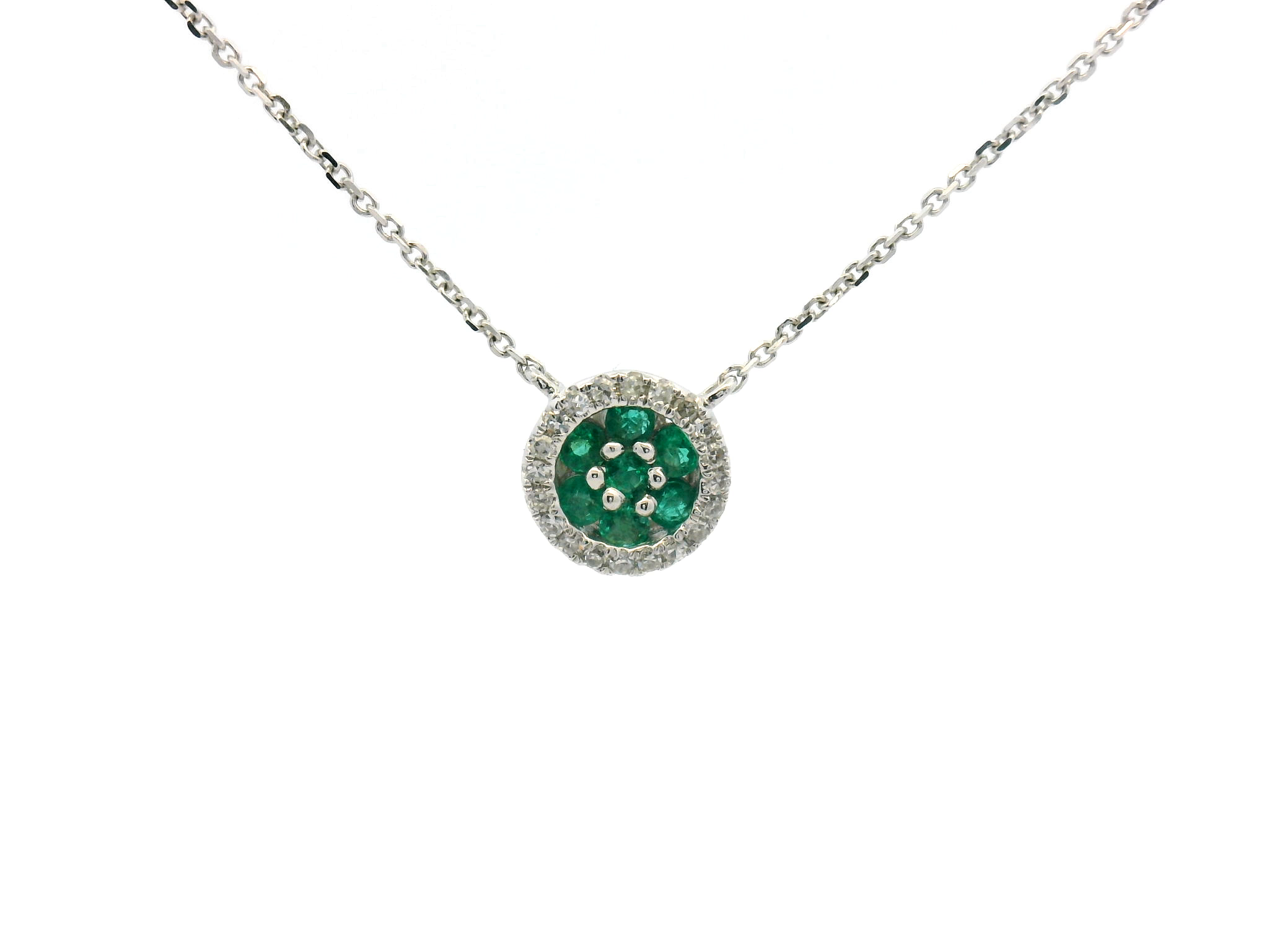 Emerald Cluster Diamond Halo Stationary Pendant Necklace