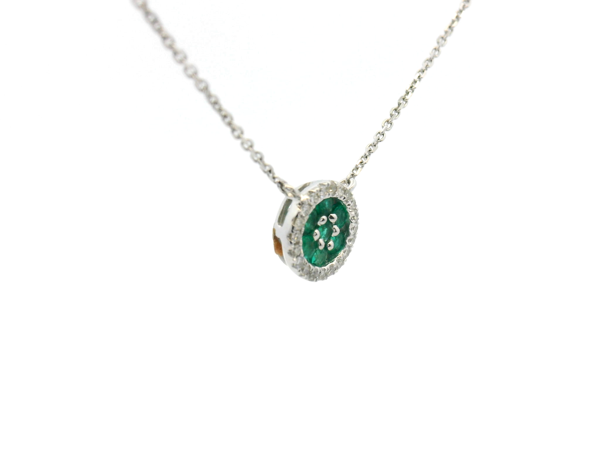 Emerald Cluster Diamond Halo Stationary Pendant Necklace