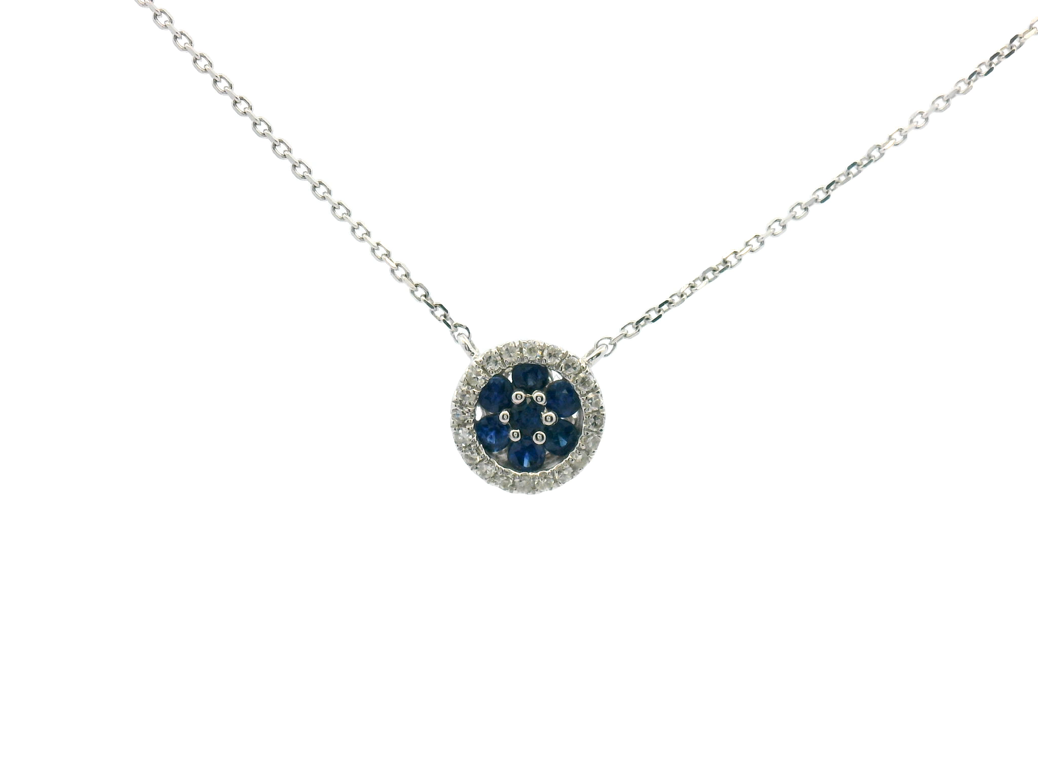 Blue Sapphire Cluster Diamond Halo Stationary Pendant Necklace