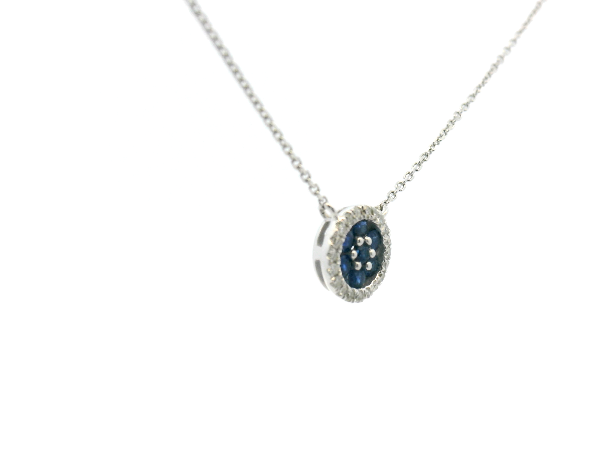 Blue Sapphire Cluster Diamond Halo Stationary Pendant Necklace