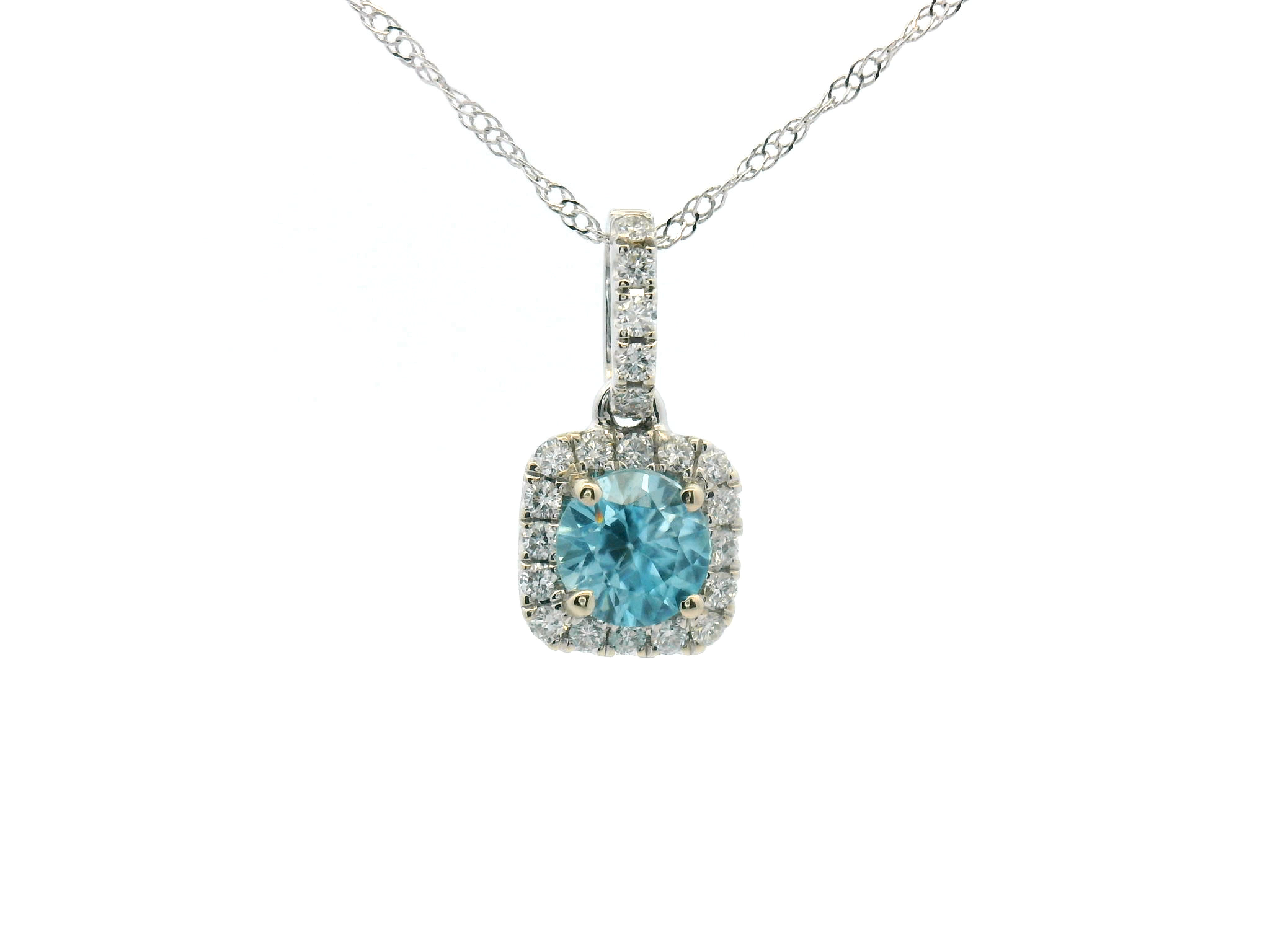 Blue Topaz Diamond Halo Pendant Necklace