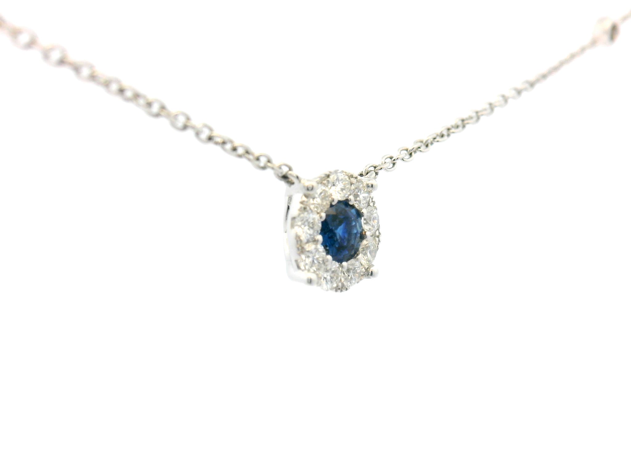 Blue Sapphire Diamond Halo Station Necklace