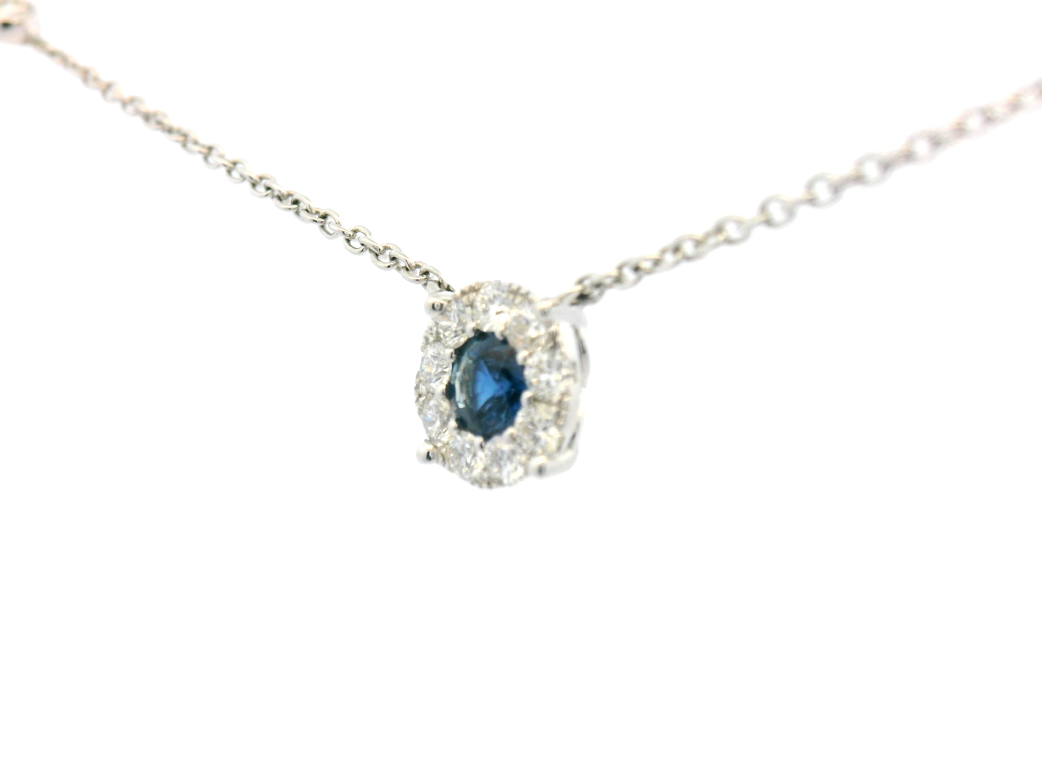 Blue Sapphire Diamond Halo Station Necklace