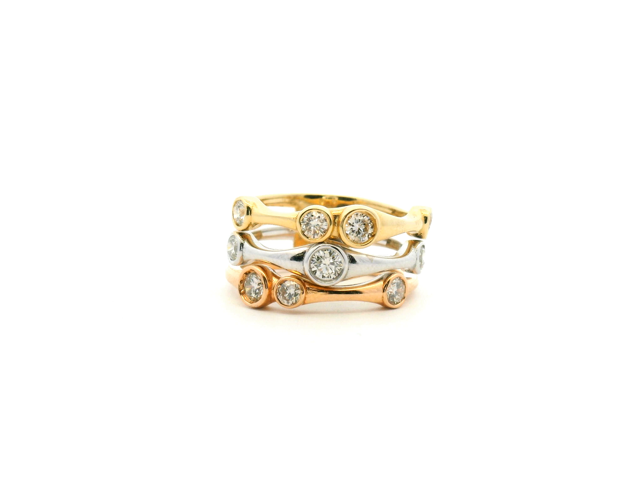 Bezel Set Tri-Gold Three Row Fashion Ring