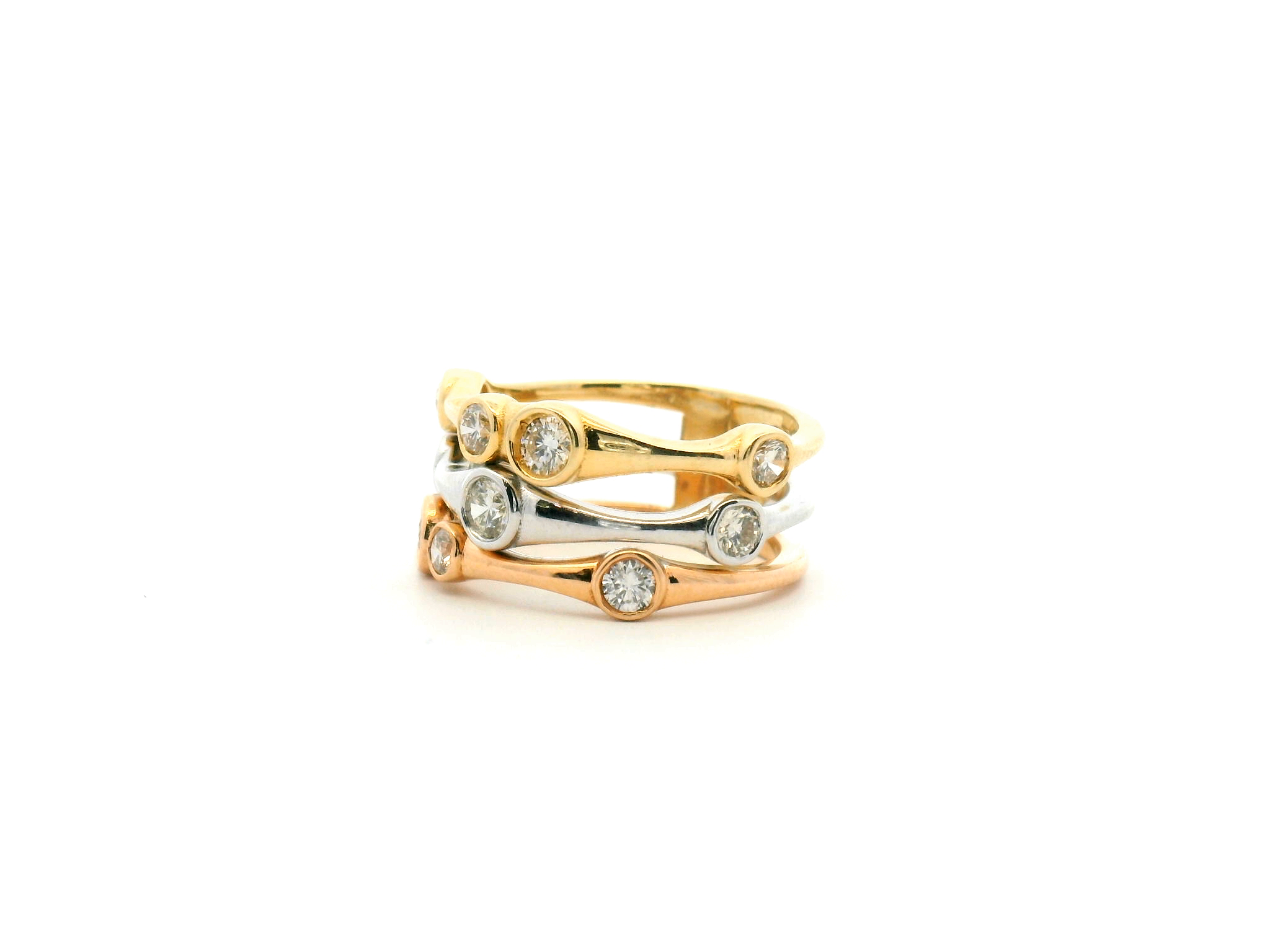 Bezel Set Tri-Gold Three Row Fashion Ring