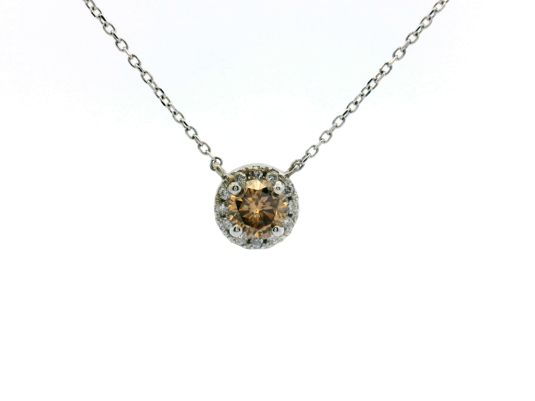 Cognac Diamond Halo Stationary Pendant Necklace