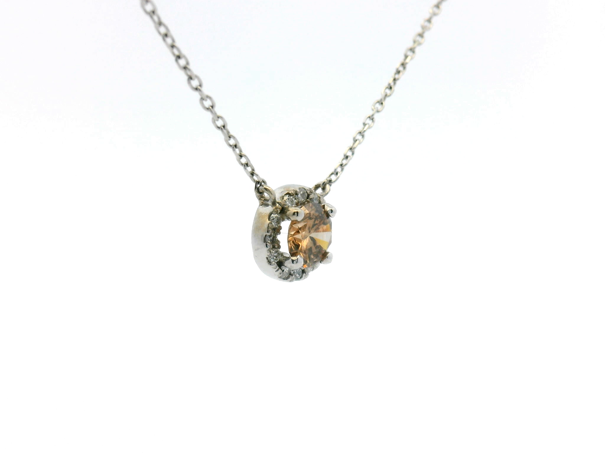 Cognac Diamond Halo Stationary Pendant Necklace