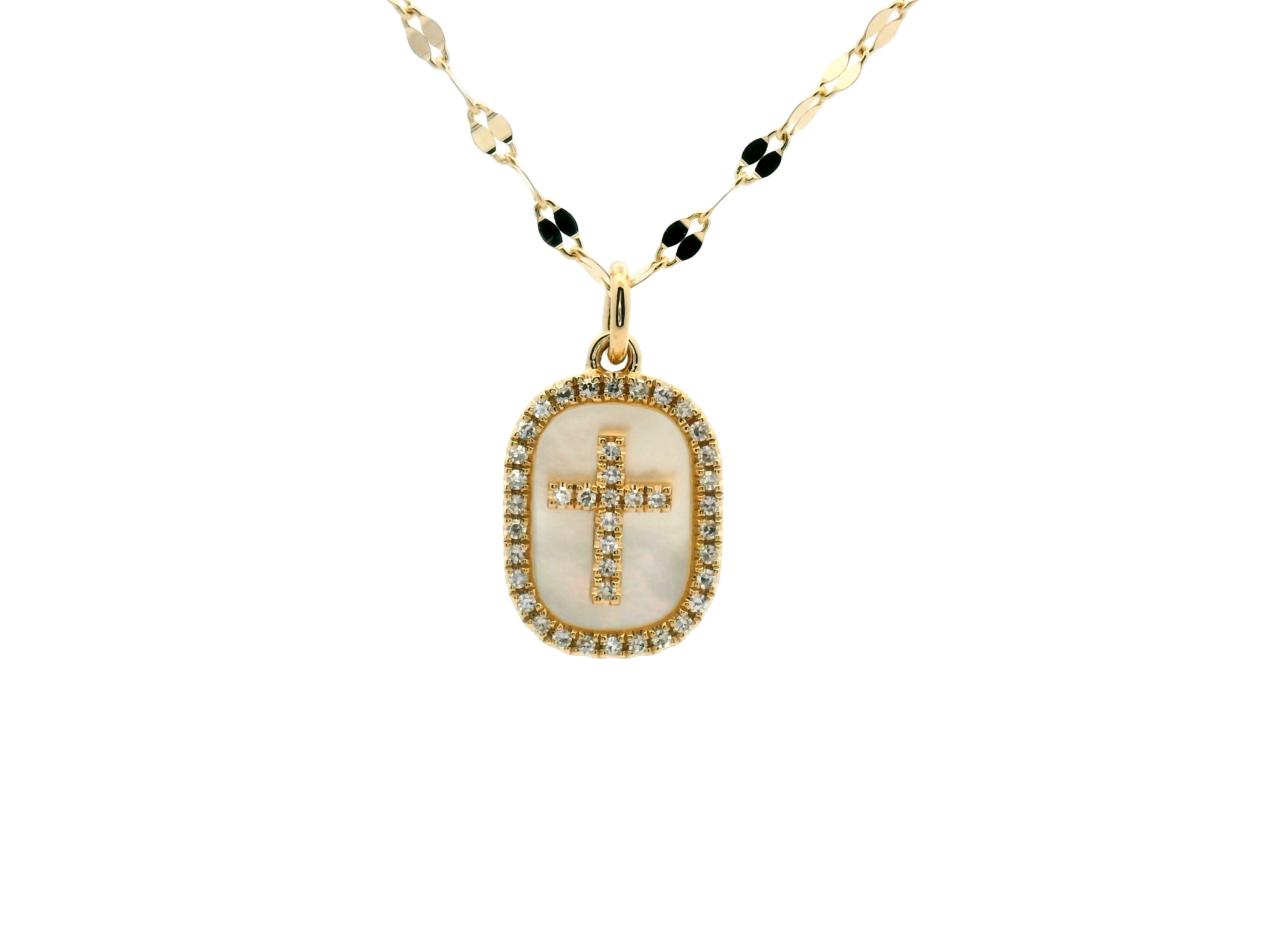 Diamond Cross Mother of Pearl Pendant Necklace
