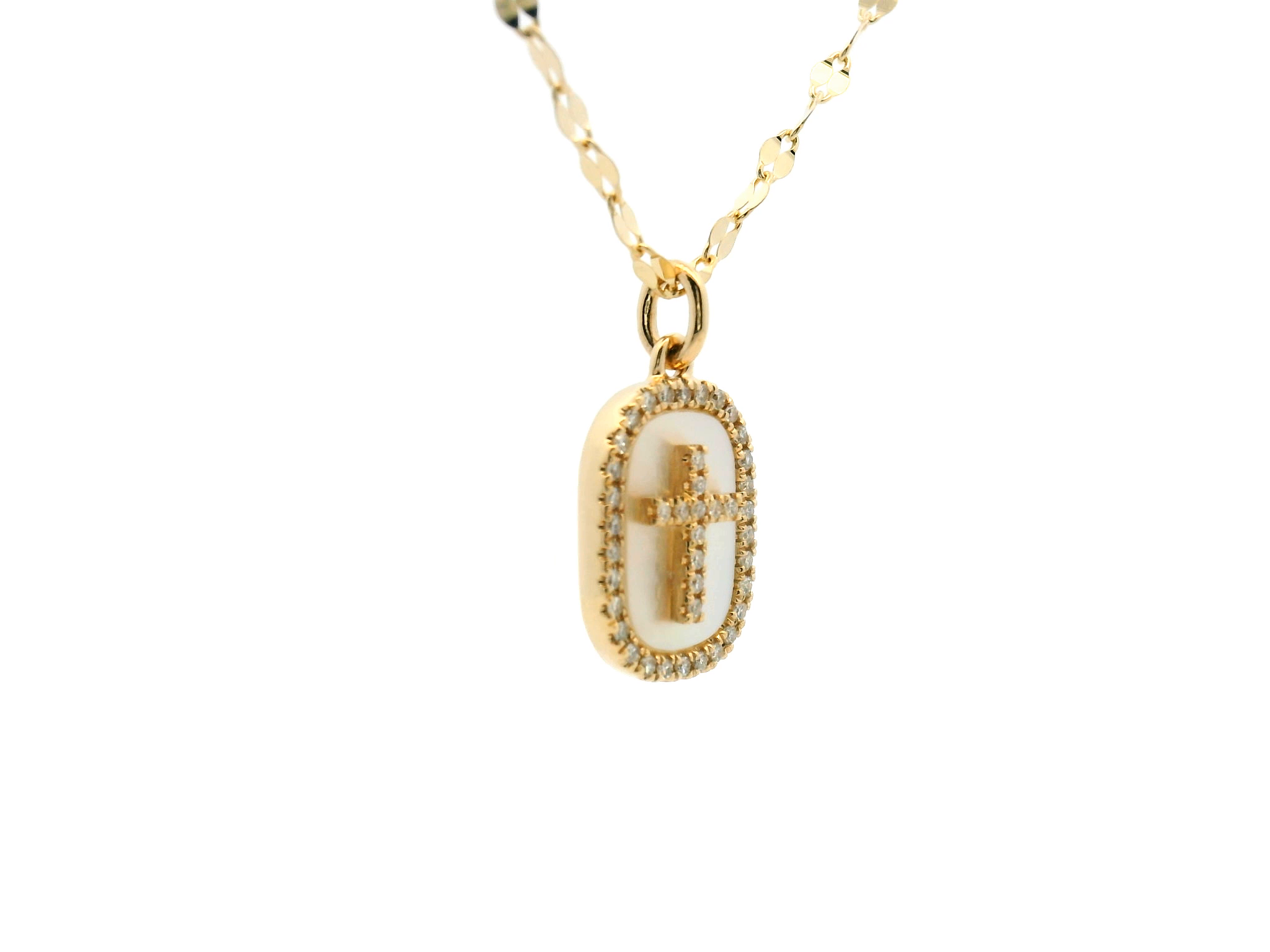 Diamond Cross Mother of Pearl Pendant Necklace