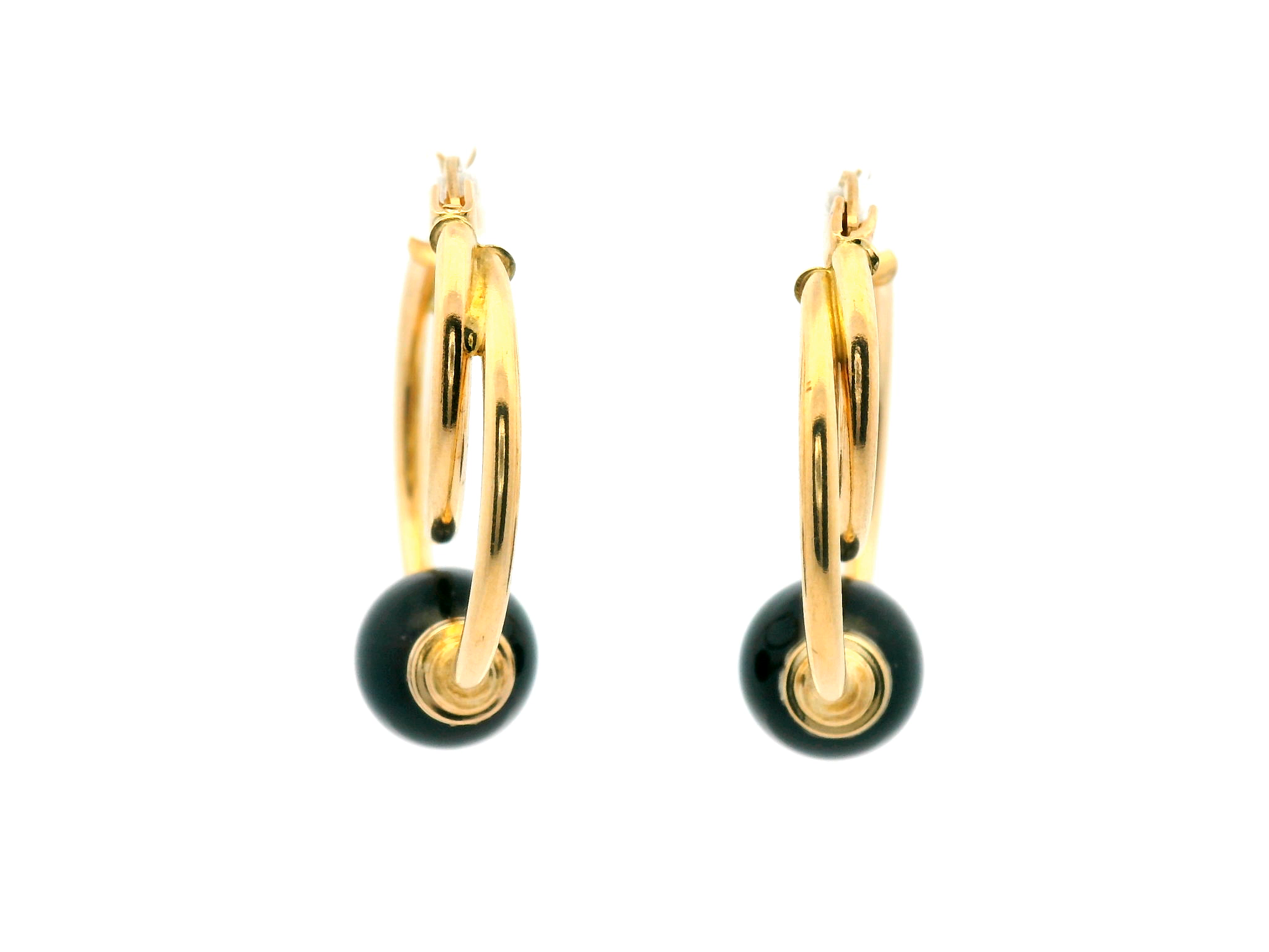 Yellow Gold Hoop Earrings with Onyx Beads