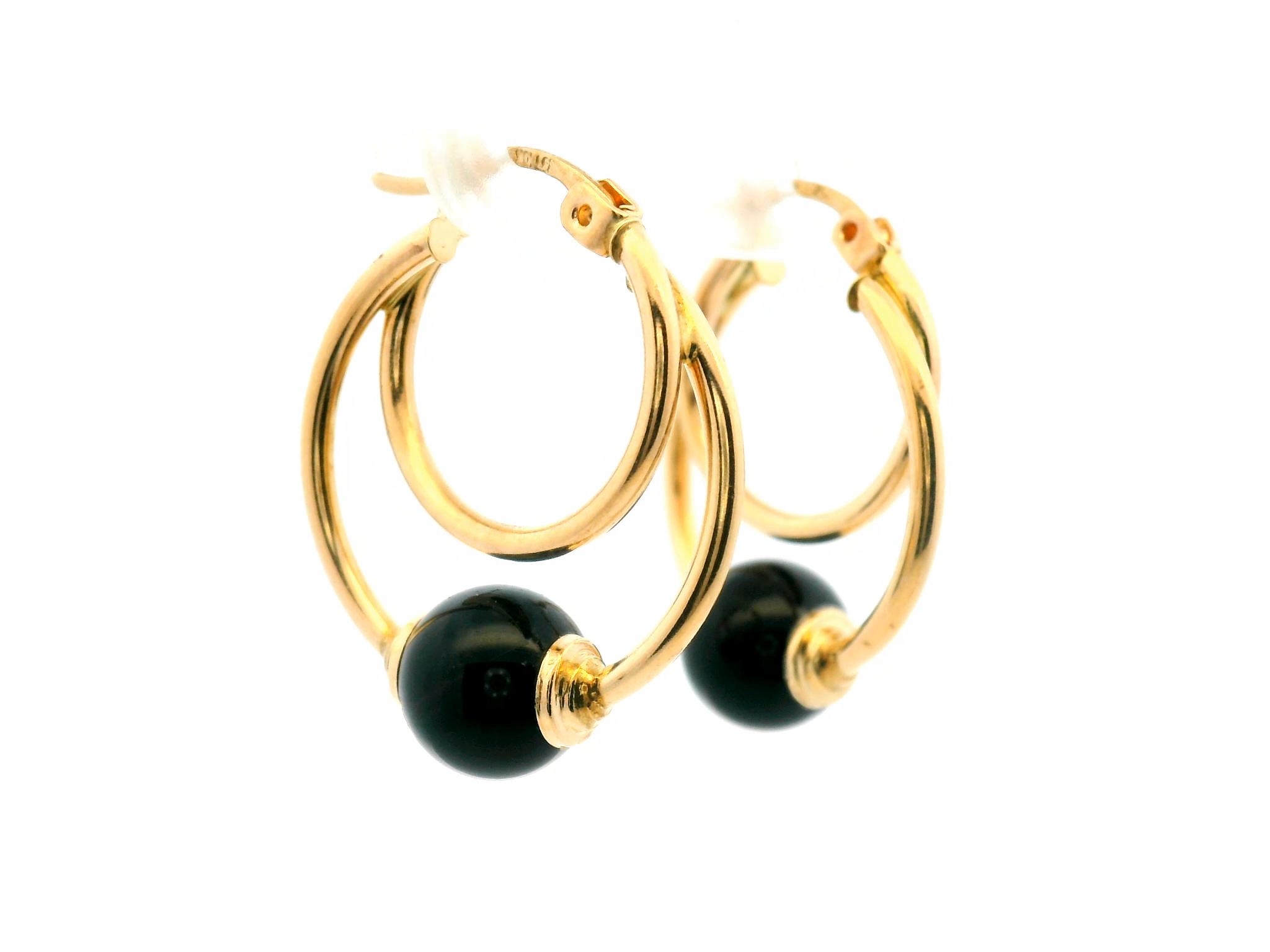 Yellow Gold Hoop Earrings with Onyx Beads