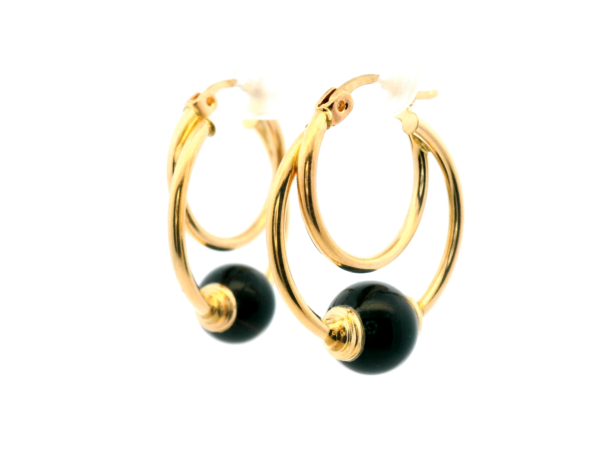 Yellow Gold Hoop Earrings with Onyx Beads