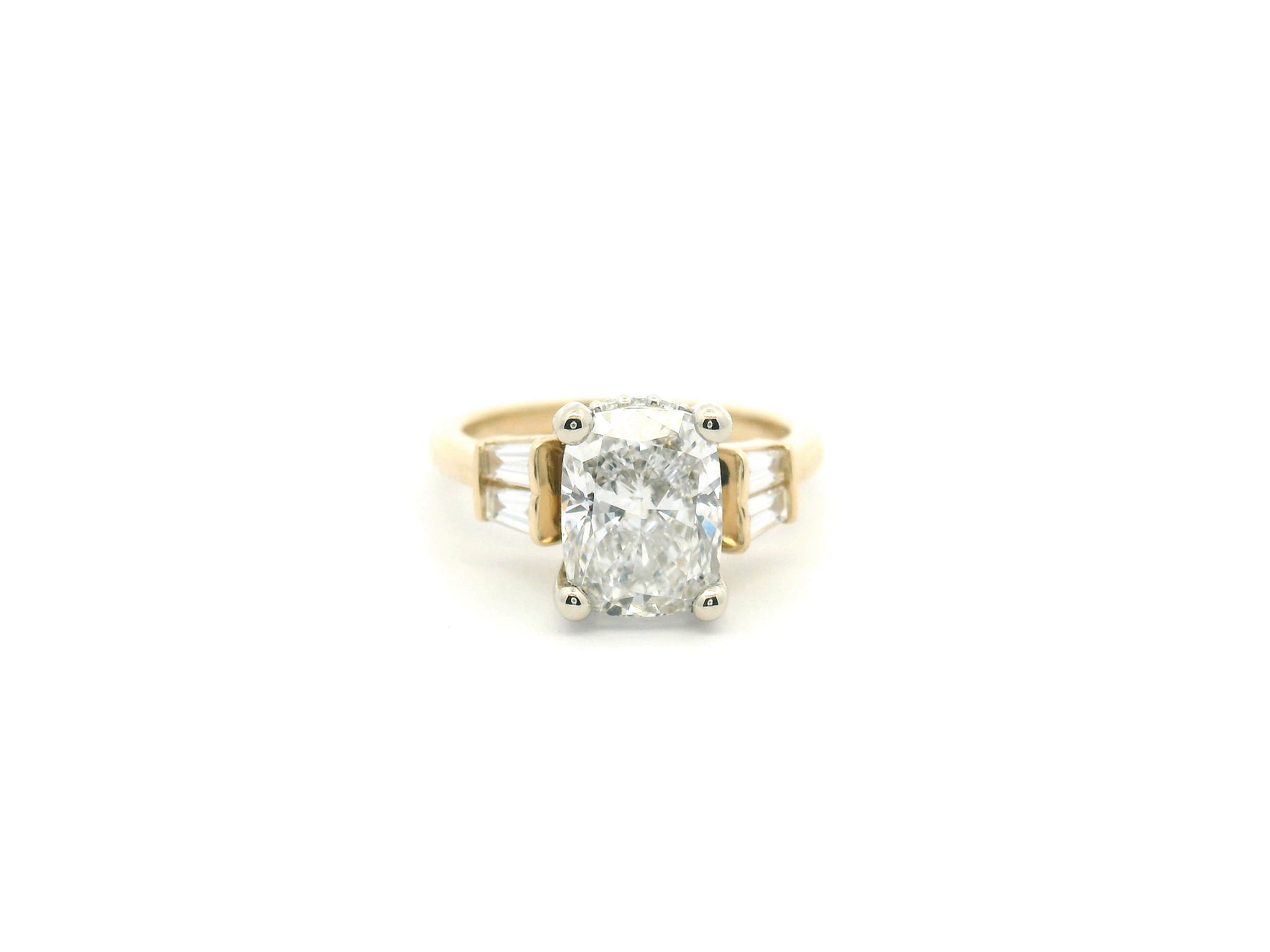 Elongated Cushion Diamond Engagement Ring with Tapered Baguette Side Stones