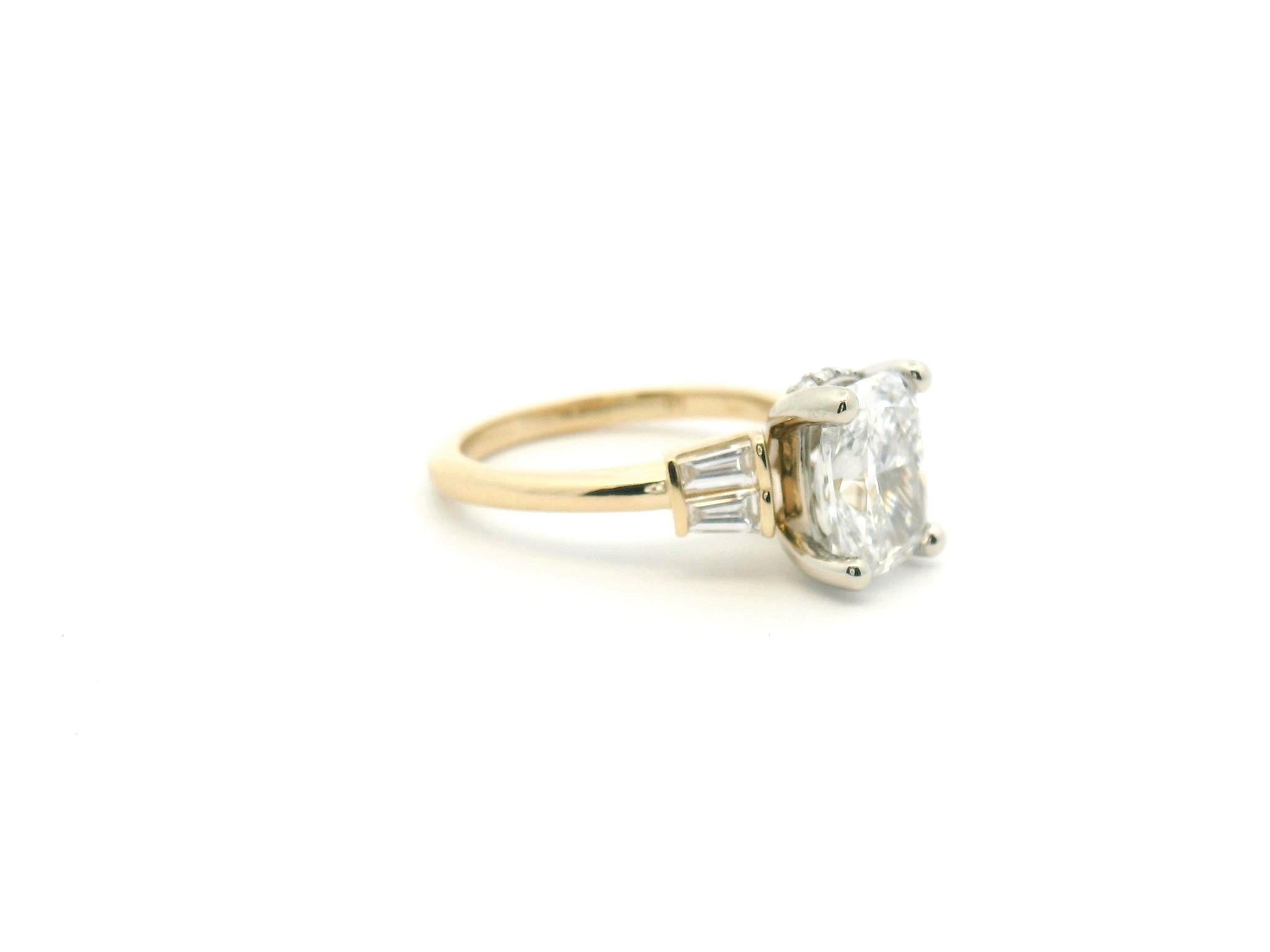 Elongated Cushion Diamond Engagement Ring with Tapered Baguette Side Stones