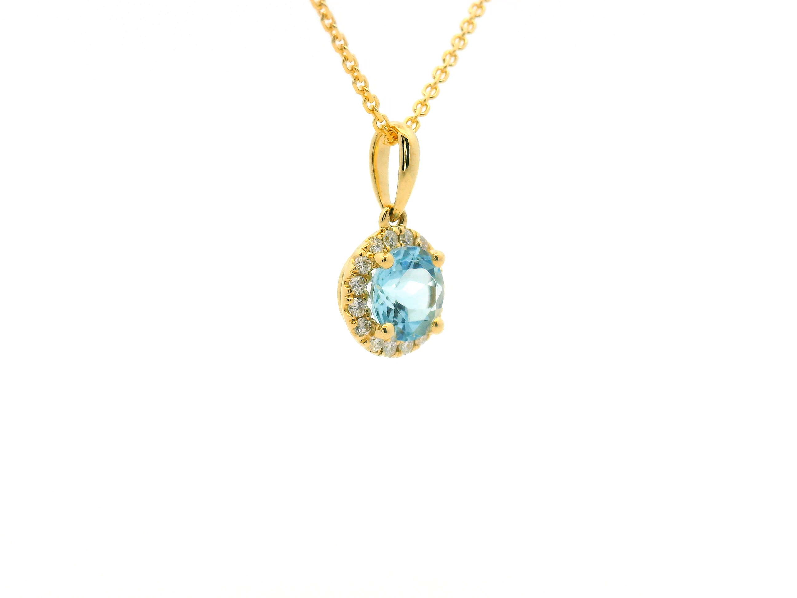 Aquamarine and Diamond Halo Pendant Necklace