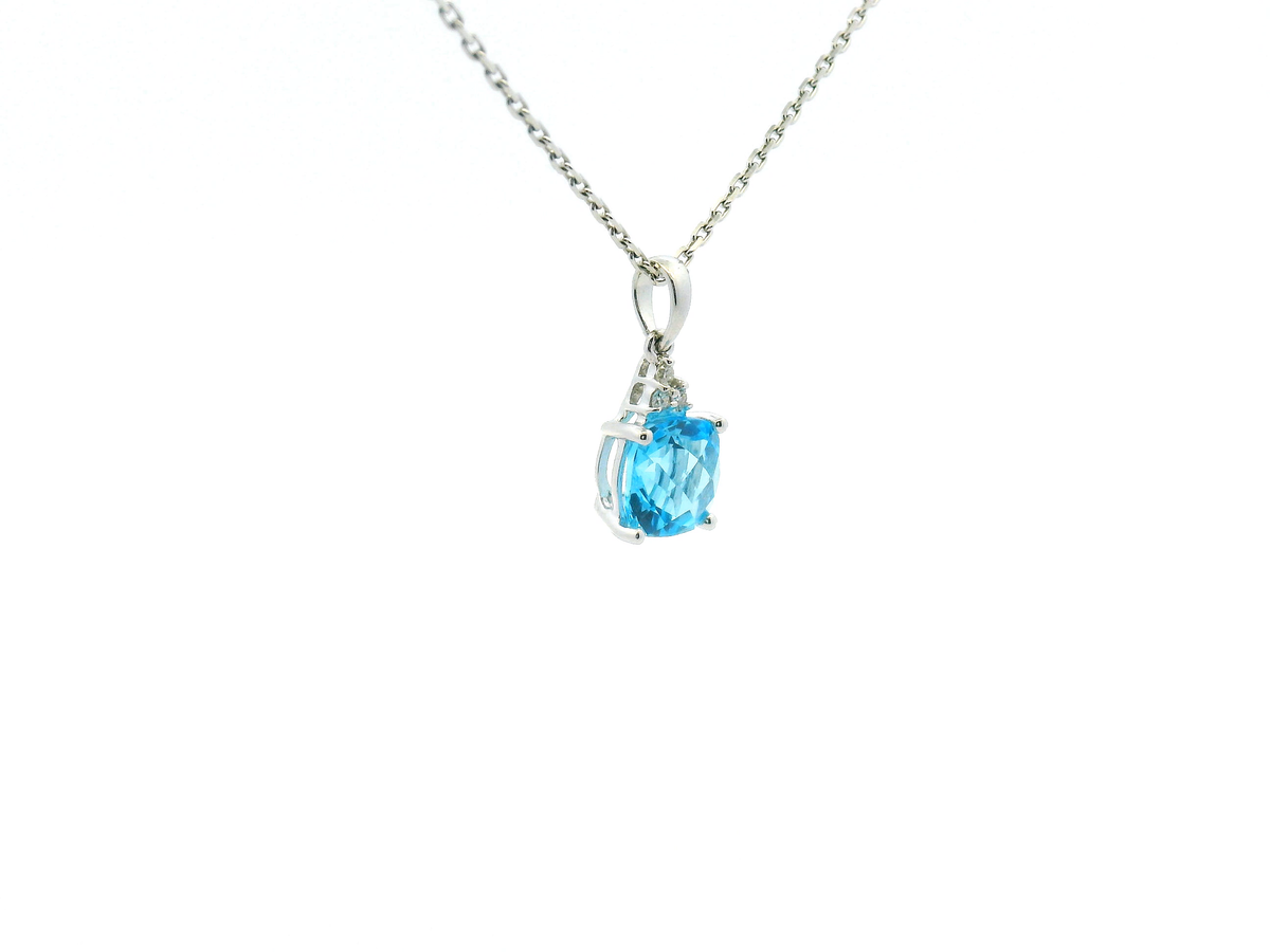 White Gold Cushion Cut Blue Topaz and Diamond Accent Pendant Necklace